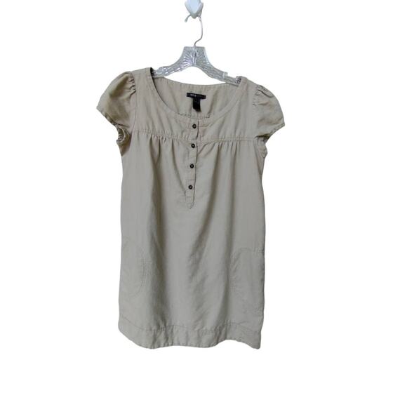 MNG Casual by Mango Linen/Cotton Minimalist Mini Dress Tan Size XS Pockets - Picture 1 of 8